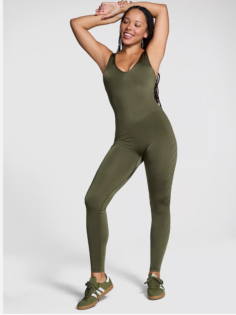 NWT Victoria’s Secret Pink Seamless Plunge Olive Workout Jumpsuit Sizes XS & S
